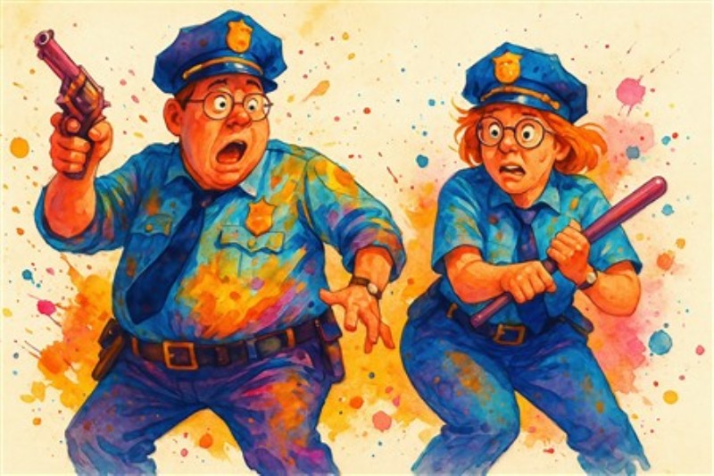 Farverig Politihandling - Overraskende Øjeblikke - Oplev det livlige og humoristiske billede af to politibetjente, der reagerer dramatisk på en uventet situation. Dette farverige kunstværk vil tilføje et sjovt og energisk præg til enhver væg, perfekt til både hjem og kontor.