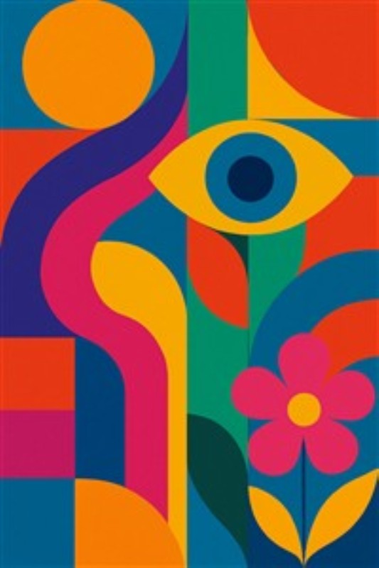 Farverig Abstrakt Kunst med Øje og Blomst - Oplev essensen af livet med denne livlige abstrakte kunst, der kombinerer former, øjne og blomster i strålende farver. Perfekt til at skabe en inspirerende atmosfære i dit hjem.