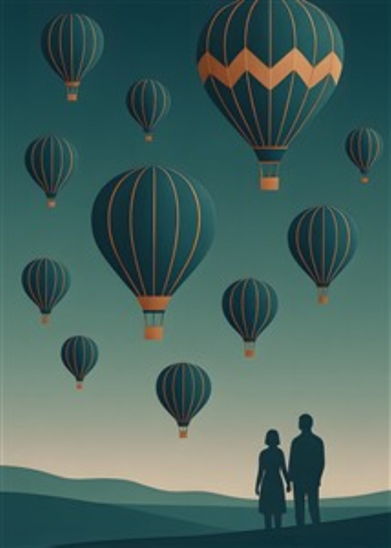 Drømmeunder en stjernehimmel - Oplev magien ved denne stiliserede illustration af et par, der betagende betragter svævende luftballoner mod en dyb, farverig himmel. En perfekt tilføjelse til ethvert rum, der ønsker at bringe romantik og eventyr ind i hverdagen.