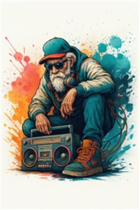 Hip-Hop Mester med Boombox - Oplev denne fantastiske plakat, hvor en cool ældre mand i streetwear sænker sig ned i musikkens rytmer. Den farverige baggrund og den ikoniske boombox skaber en unik stemning, der hylder hip-hop kulturen.