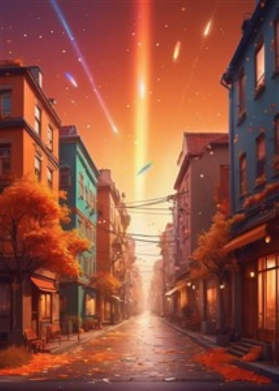 Efterårets Magi i Gadebilledet - Oplev en farverig gade, hvor efterårets nuancer møder en dramatisk solnedgang. Denne scene vækker varme og nostalgi, perfekt til at bringe liv og farve ind i dit hjem.