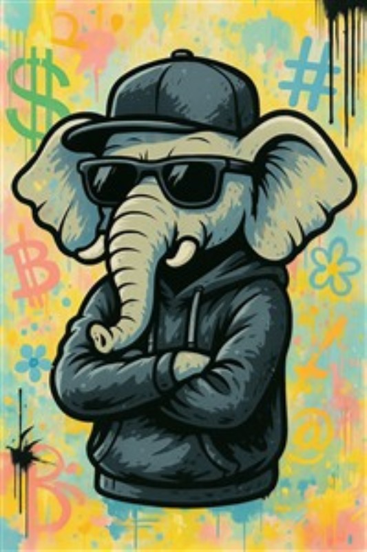 Cool Elefant i Hip Hop Stil - Oplev den farverige energi fra denne grafiske elefant, iført solbriller og hoodie, der udstråler ultimativ coolness. Dette kunstværk tilføjer en livlig og trendy atmosfære til ethvert rum og er perfekt til dem, der elsker street art.