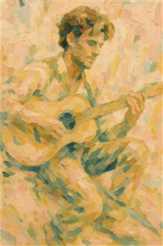 Musik og Følelser i Pastelblå Nuancer - Oplev harmonien af musik i denne impressionistiske skildring af en mand med guitar. De bløde pastelfarver skaber en beroligende atmosfære, perfekt til at inspirere kreativitet og ro i dit hjem.