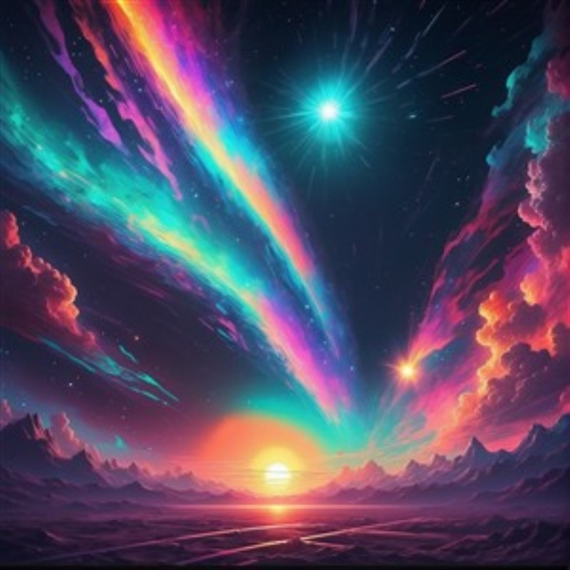 Magisk Kosmisk Solnedgang - Oplev en fantastisk kosmisk solnedgang, hvor farverne danser på himlen og skaber en drømmende atmosfære. Denne magiske scene bringer stjernernes skønhed og solens varme til dit rum.