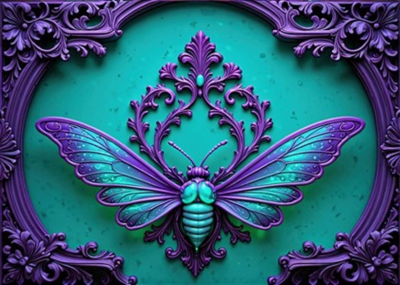 Ornamental Sommerfugl i Vivid Farver - Oplev skønheden i denne fantastiske sommerfugl, der svæver i et ornamentalt design af strålende lilla og turkis nuancer. Det detaljerede motiv tilføjer en livlig og kreativ atmosfære til ethvert rum.