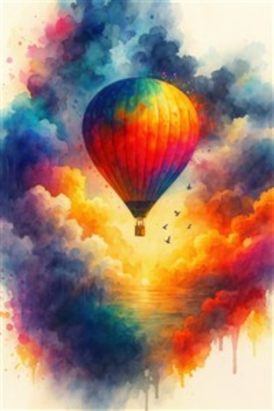 Farverig varmluftballon over drømmeagtige horisonter - Oplev magien ved denne farverige varmluftballon, der svæver over en drømmende horisont. Den levende illustration i nuancer af blå, orange og lilla bringer liv og glæde til ethvert rum og inviterer til fantasifulde dagdrømme.