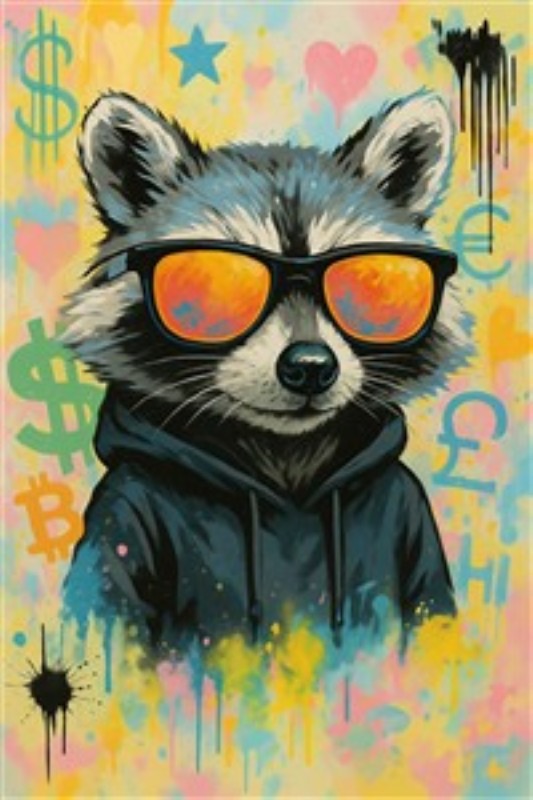 Cool vaskebjørn med solbriller og hoodie - Oplev denne farverige og moderne kunstplakat af en stilfuld vaskebjørn iført solbriller og hoodie. Dens livlige grafiske elementer tilføjer et legende touch til ethvert rum.