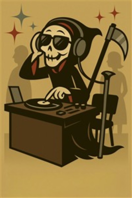 Skeletal DJ: En Dødbringende Feststemning - Oplev den unikke humor i denne illustration af en skelet DJ, der mixer den perfekte musik til en fest! Med sin cool attitude og dødelige beat vil denne plakat bringe liv til ethvert rum.