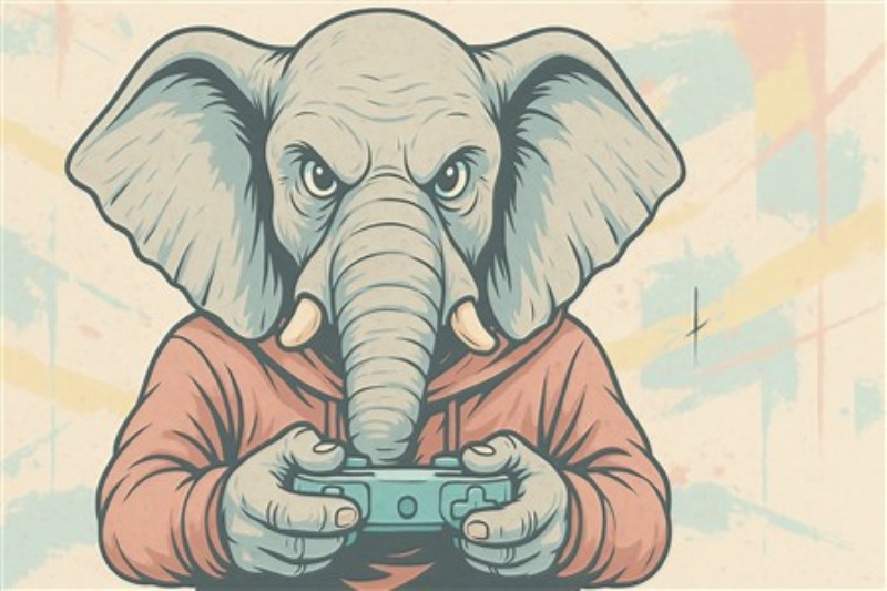 Gaming Elefant i Hoodie - Oplev et unikt og sjovt design med en elefant iført hoodie, der koncentreret spiller videospil. Denne illustration tilføjer liv og humor til ethvert rum og vil helt sikkert vække smil hos både børn og voksne.