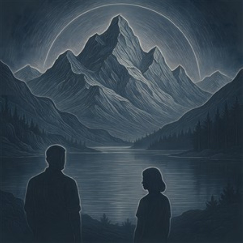 Magisk Aften ved Bjergsøen - Oplev roen og magien fra en stille sø, indhyllet i majestætiske bjerge under en funklende stjernehimmel. Dette kunstværk indfanger en storslået aftenstemning, perfekt til at skabe en følelse af fred og skønhed i dit hjem.