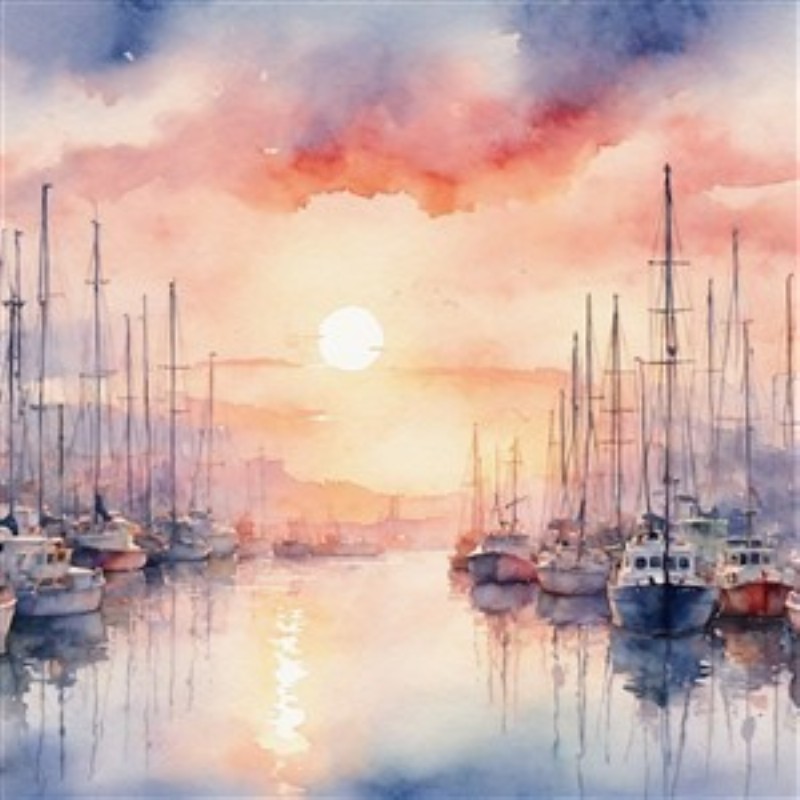 Magisk solnedgang over havnen - Oplev den betagende skønhed ved solnedgang i havnen, hvor bådene smukt svømmer i en farverig spejlflade. Dette maleri tilfører en harmonisk og rolig atmosfære til dit hjem.