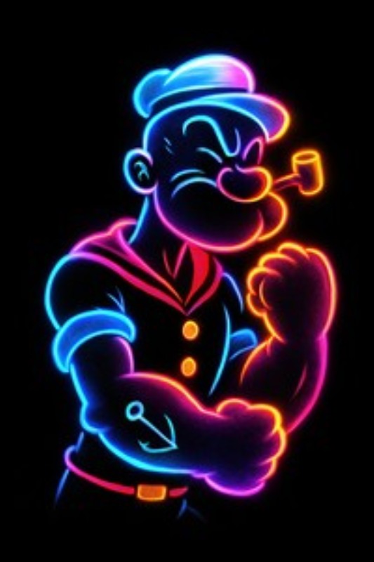 Neon Popeye: Helten Med Musklestatus - Oplev energien i denne farverige neonillustration af Popeye, der med sin muskuløse arm symboliserer styrke og mod. Perfekt til at tilføje liv og karakter til dit rum.