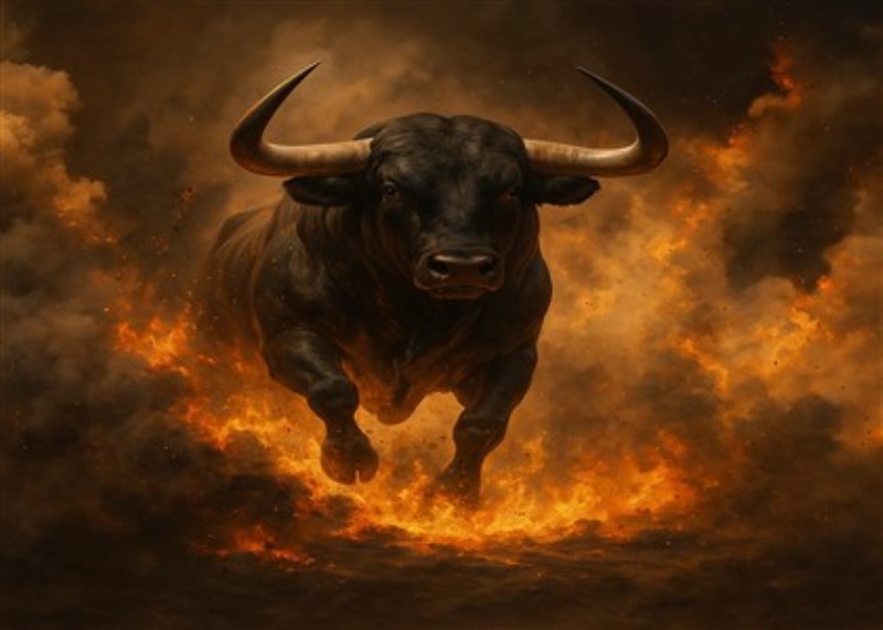 Vild Tyr i Flammehelvede - Oplev kraften i naturen med denne betagende illustration af en sort tyr, der brøler gennem en storm af flammer og røg. Dette dramatisk motiv tilføjer en intens energi til dit rum og fanger øjet med sin fantastiske detalje.