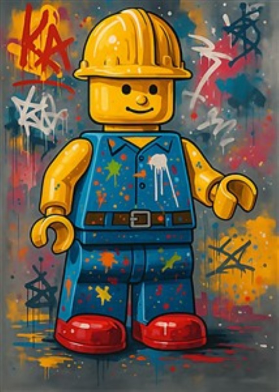 Farverig LEGO Arbejderfigur med Graffiti Twist - Denne livlige LEGO-figur med hjelm og sprøjtede farver tilføjer en legende og energisk stemning til ethvert rum. Den farverige baggrund og den originale kunststil gør den til et perfekt valg for kreative sjæle.