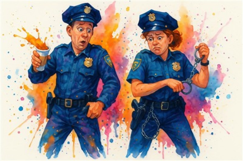 Farverig Politiets Dagligdag - Oplev den humoristiske side af politiets hverdag med dette farverige maleri af to betjente. Den overraskede mand med en drink og den seriøse kvinde med håndjern fanger øjeblikket, der blander alvor med sjov.