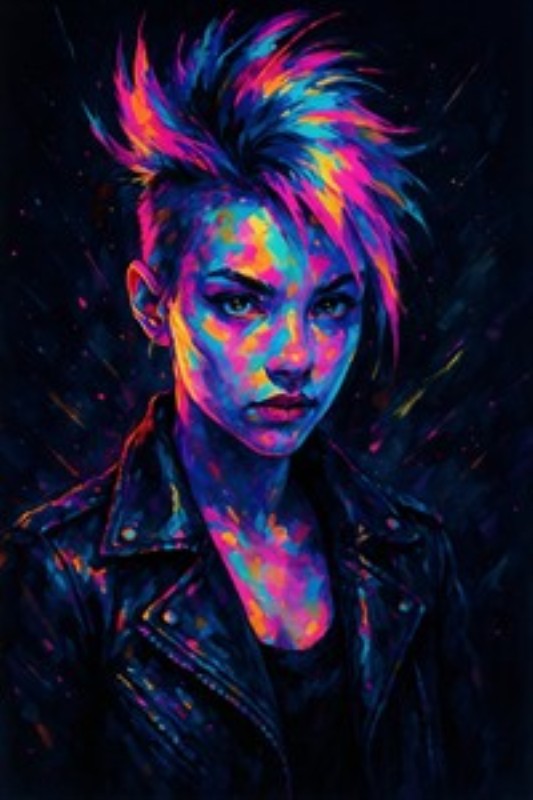 Neon Portræt med Punk Vibe - Oplev et livligt portræt, der kombinerer neonfarver med punk-inspiration. Denne betagende kunstværk giver dit hjem en moderne kant og skaber en dynamisk atmosfære.