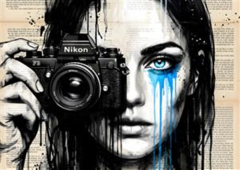 Fanget i Øjeblikket: Kvinde med Kamera - Oplev det dramatiske portræt af en kvinde, der indfanger både skønhed og sårbarhed gennem linsen af sit Nikon-kamera. Den emotionelle dybde og det kunstneriske udtryk i denne sort-hvide komposition vil tilføje en unik atmosfære til dit hjem.