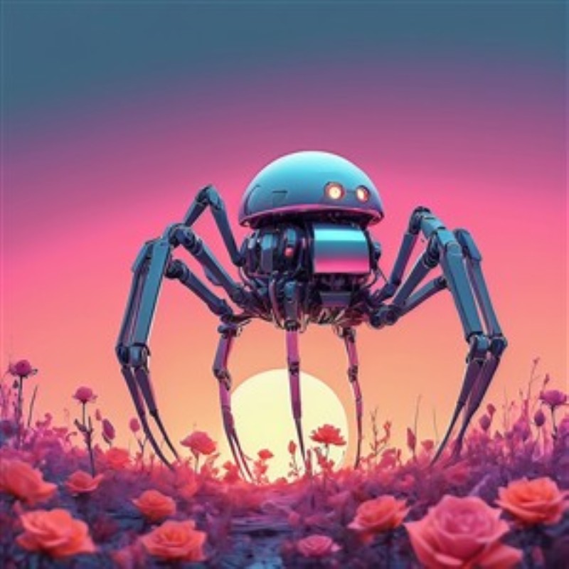 Futuristisk Robotkrabbe i Blomstrende Drømmeland - Oplev en betagende fusion af teknologi og natur med denne fantastiske robotkrabbe, der svømmer gennem et farvestrålende blomsterlandskab. Det drømmende motiv bringer liv og futuristisk magi ind i dit hjem.