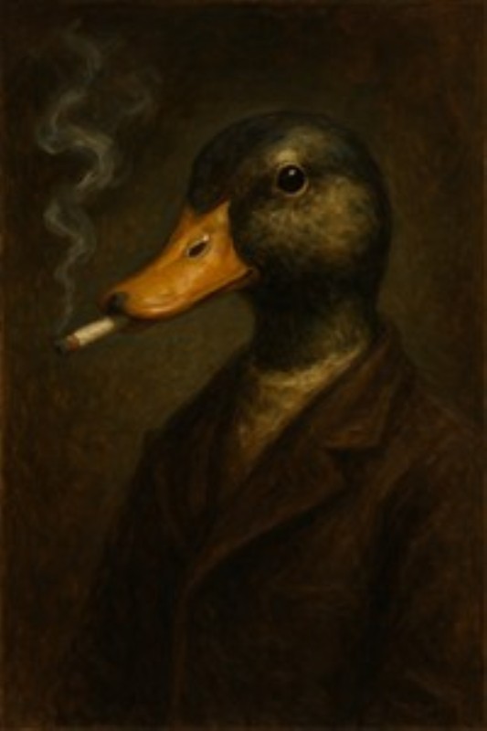 Mysterisk And med Stil - Oplev den unikke charme ved denne menneskelige and, der elegant rygning af en cigaret i en stilfuld frakke. Dette kunstværk tilfører en legende og mystisk atmosfære til dit hjem.