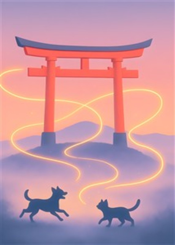 Eventyrlig Aften ved Torii-porten - Dyk ind i en fortryllende verden med denne farverige illustration af en Torii-port. En hund og en kat løber gennem tågen, mens lys strejfer deres vej, hvilket skaber en magisk stemning for dit hjem.