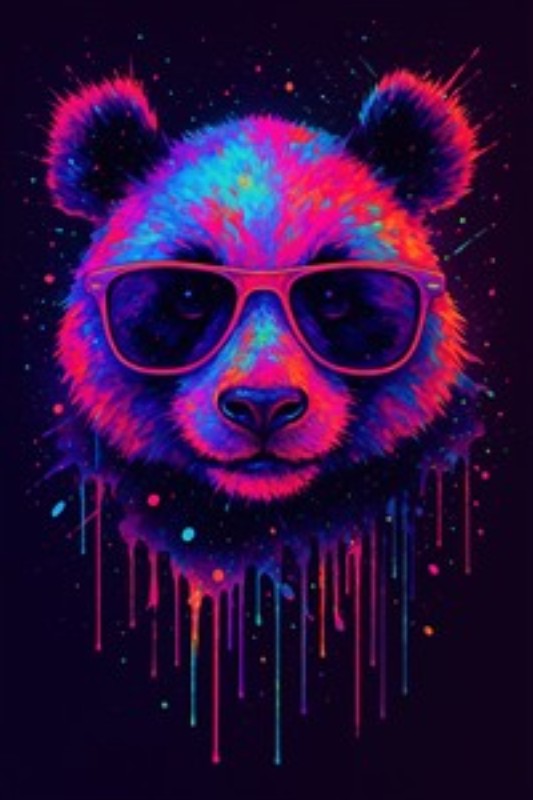 Farverig panda med cool stil - Oplev en livlig panda i solbriller, der prydes af dråber af farve. Dette kunstværk bringer sjov og en farverig atmosfære til ethvert rum.