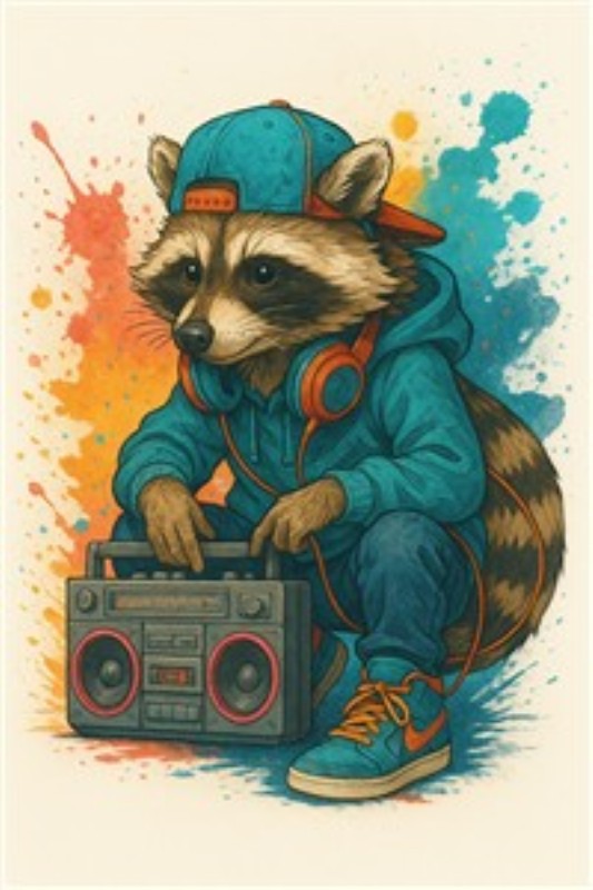 Hip Hop Vaskebjørn med Boombox - Oplev den energiske vibe fra denne fantastiske illustration af en vaskebjørn iført hoodie og cap, der holder en boombox. Et farverigt og livligt kunstværk, perfekt til at tilføje karakter til dit rum.