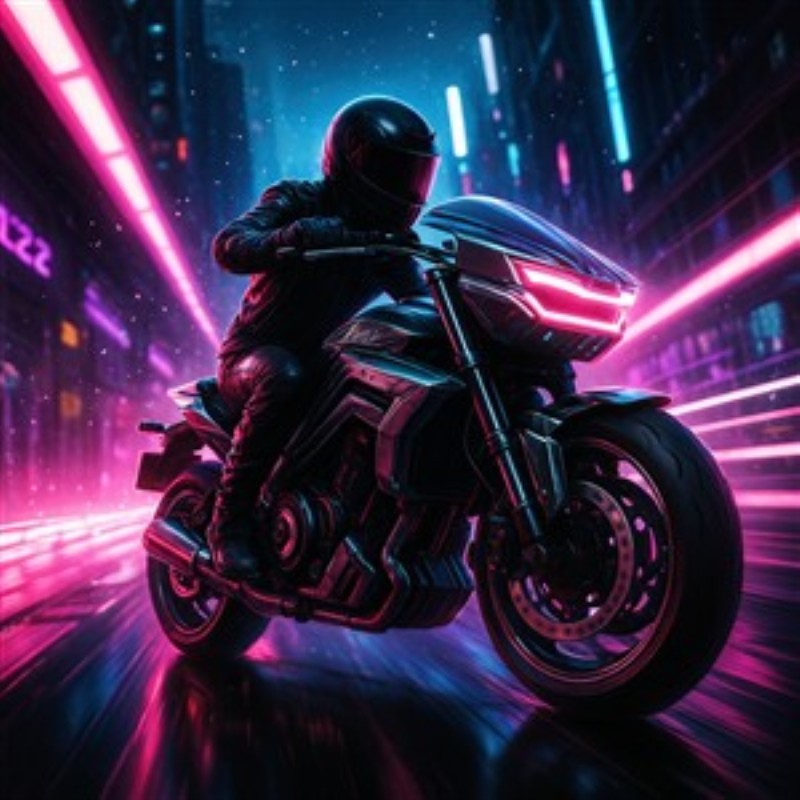 Neon Motorcykel i Futuristisk Verden - Oplev adrenalinsuset fra fremtiden med denne betagende plakat af en motorcyklist i en neonlysbelyst storby. Den intense atmosfære og farverne bringer liv og energi ind i dit rum.