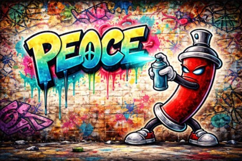 Farverig Graffiti - Kunstnerisk Fremskridt - Oplev energien fra denne livlige graffiti, hvor en spraymaling sætter sit præg med budskabet PEACE. Den farverige vægkunst tilfører liv og personlighed til ethvert rum.