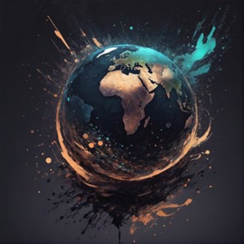 Farverig Abstraktion af Jorden - Dyk ind i en levende, abstrakt verden med denne unikke illustration af Jorden, der fremhæver det rige kontinent Afrika. Det dynamiske farvespil bringer liv og energi ind i ethvert rum, hvilket skaber en inspirerende atmosfære.