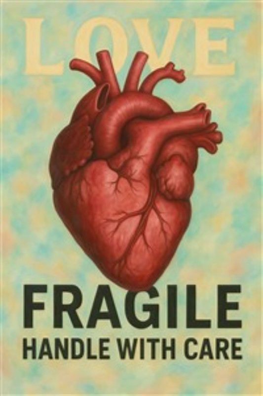 Kærlighedens Skrøbelige Hjerte - Oplev det imponerende kunstværk, der smukt afbilder et anatomisk hjerte, fremhævet af ordet 'LOVE' og den nænsomme påmindelse om at 'HANDLE MED OMHU'. Dette kunststykke bringer varme og en smule dramatik ind i dit hjem.