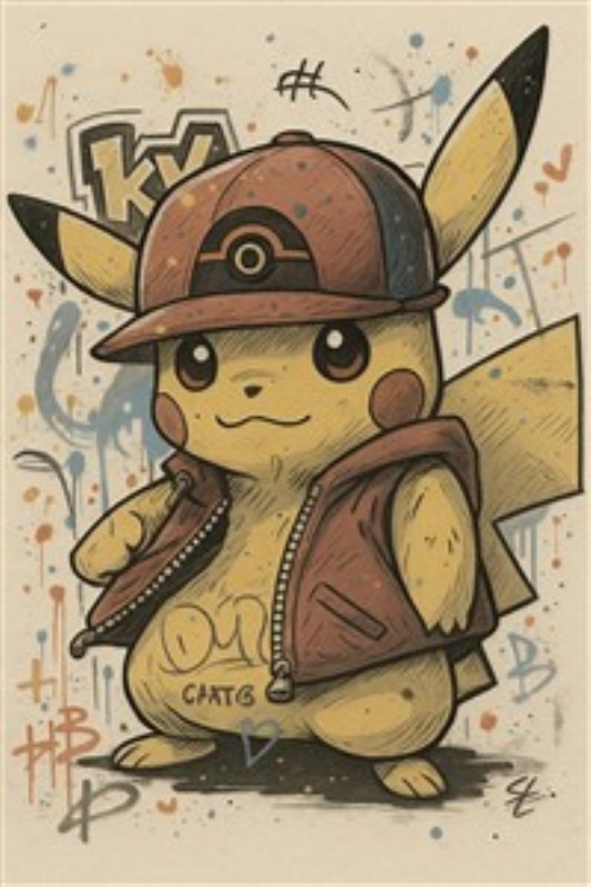Stylish Pikachu med Graffiti Vibe - Oplev en livlig og funky Pikachu i trendy outfit omgivet af spraglede graffiti-elementer. Dette billede tilføjer et strejf af legesyg energi til ethvert rum, perfekt til både børn og unge sjæle.