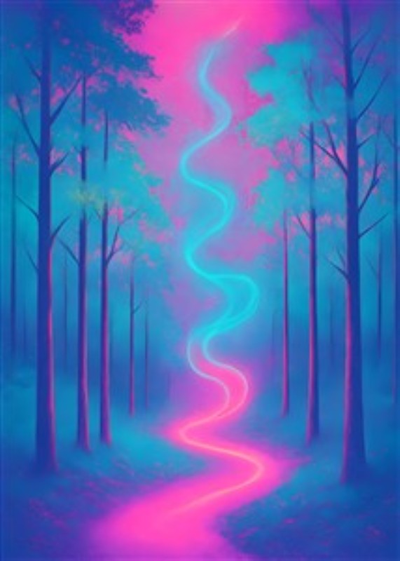 Neon Drømme i Skoven - Dyk ind i en fortryllende skov fyldt med livlige neonfarver, hvor en lys sti guider dig gennem det surrealistiske landskab. Oplev en drømmende atmosfære, der vækker fantasien og skaber en unik stemning.