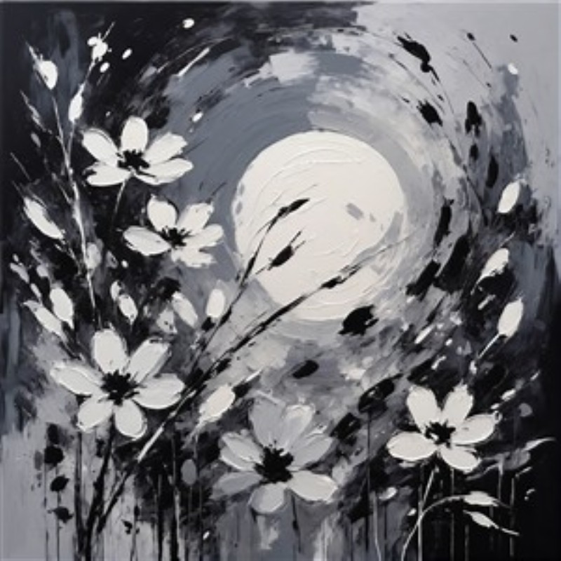 Måneskinn over Blomsterhaven - Oplev magien i dette abstrakte maleri, hvor blomster blomstrer under et fuldmåne. De dybe nuancer af sort og grå skaber en stemning af ro og skønhed, perfekt til ethvert rum.