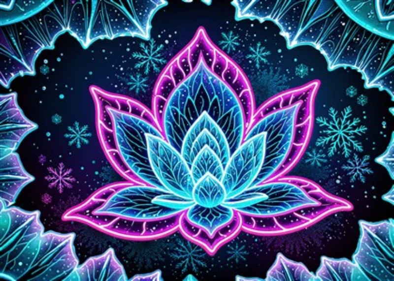Neon Lotus Blomst i Magisk Sne - Oplev den fantastiske skønhed af en neon lotusblomst, der stråler i lyse farver blandt glitrende snefnug. Det mørke baggrund skaber en drømmende atmosfære, perfekt til at lyse ethvert rum op.