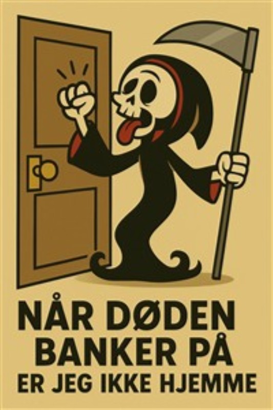 Døden Der Klinger, Men Jeg Er Ikke Hjemme - Sæt et humoristisk præg på dit hjem med denne sjove plakat af dødningefigurens muntre besøg. Perfekt til stuen eller kontoret, hvor den tilføjer en skøn balance mellem det makabre og det komiske.