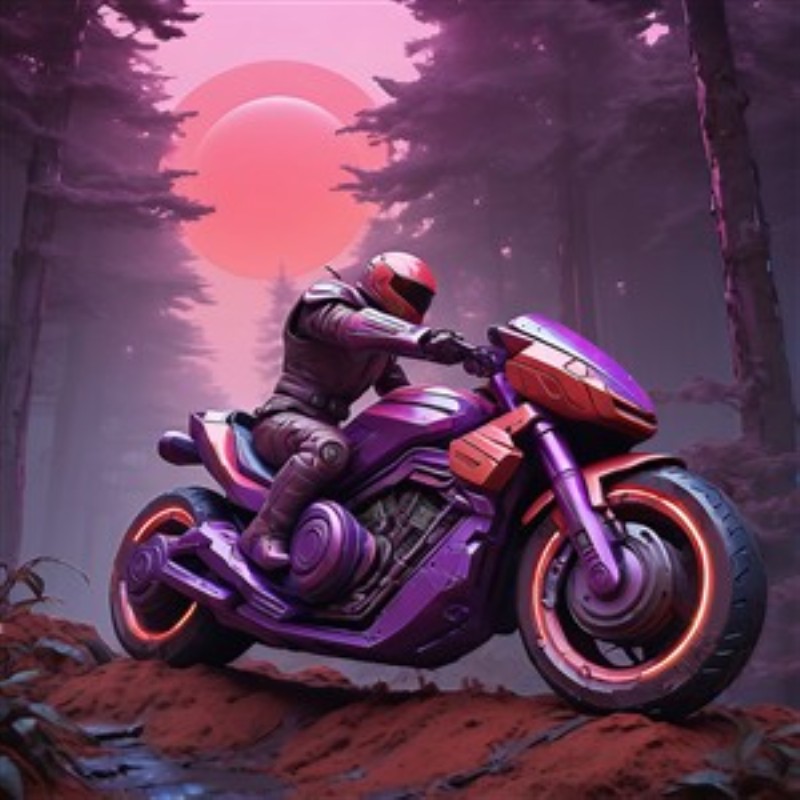 Futuristisk motorcykel under den røde måne - Oplev spændingen ved denne futuristiske motorcykel, der kører gennem en drømmende skovlands kyster, belyst af en stor rød måne. Dette motiv bringer en unik kombination af eventyr og mystik ind i dit hjem.