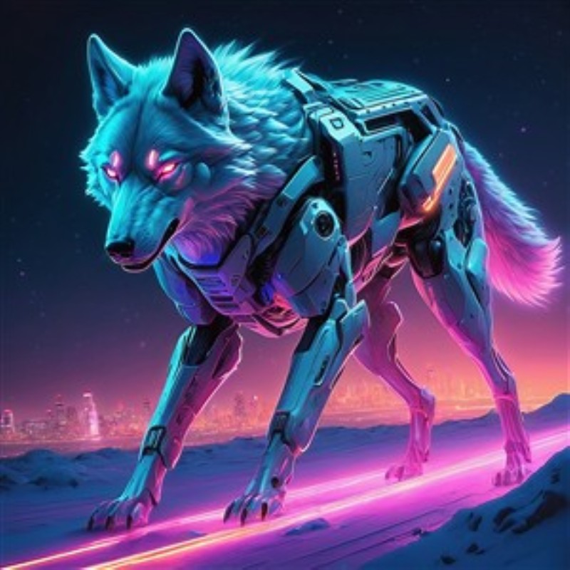 Neon Robotulv i Sci-Fi Univers - Oplev den fantastiske fusion af teknologi og natur med denne neonfarvede robotulv, som elegant bevæger sig gennem et futuristisk landskab. Perfekt til at tilføre et eksperimentelt touch til dit hjem.