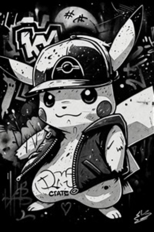 Cool Pikachu i Graffiti-Style - Oplev den urbane charme ved denne stiliserede Pikachu i graffiti-inspireret design. Med kasket og læderjakke bringer denne illustration en moderne vinkel til et elsket ikon, perfekt til at tilføje kant til dit rum.