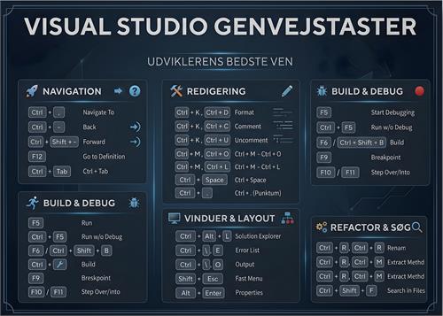 Visual Studio genvejstaster – tastaturgenveje til udvikling - Mørk blå teknisk infografik med tastaturgenveje til Visual Studio, organiseret i navigation, redigering, build & debug, vinduer, layout, refactoring og søgning. Et stilrent og praktisk motiv til kontor, hjemmekontor eller udviklerens arbejdsplads.