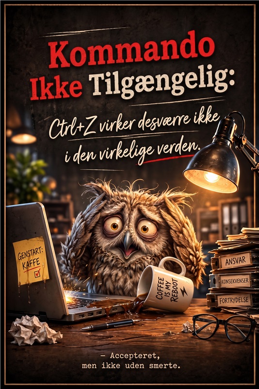 Kommandoen er ude: Ctrl+Z findes ikke! - Giv dit hjem et humoristisk præg med denne sjove plakat, der fanger kampen mellem teknologi og virkelighed. Med en nuttet ugle som hovedperson minder den os om, at vi ikke kan fortryde alt i livet - vær klar til at grine hver gang du ser på den!