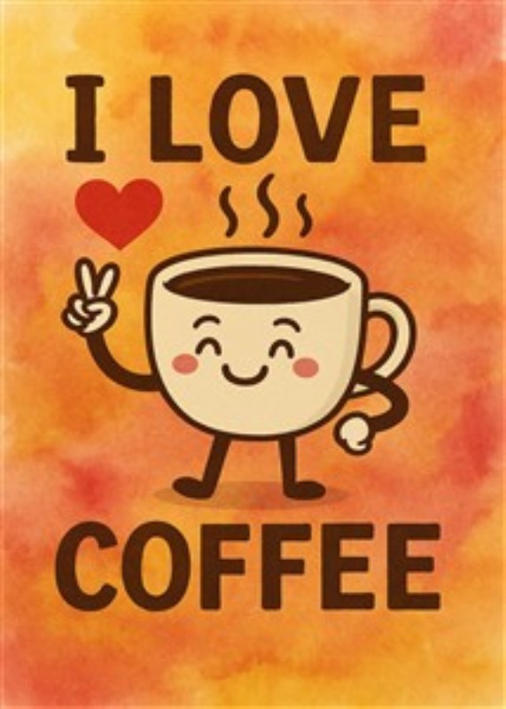 Kaffekop med Kærlighed og Smil - Oplev glæden ved kaffe med denne farverige og livlige plakat, der viser en glad kaffekop, der stråler af kærlighed. Den perfekte tilføjelse til dit hjem, der vækker smil hver dag.
