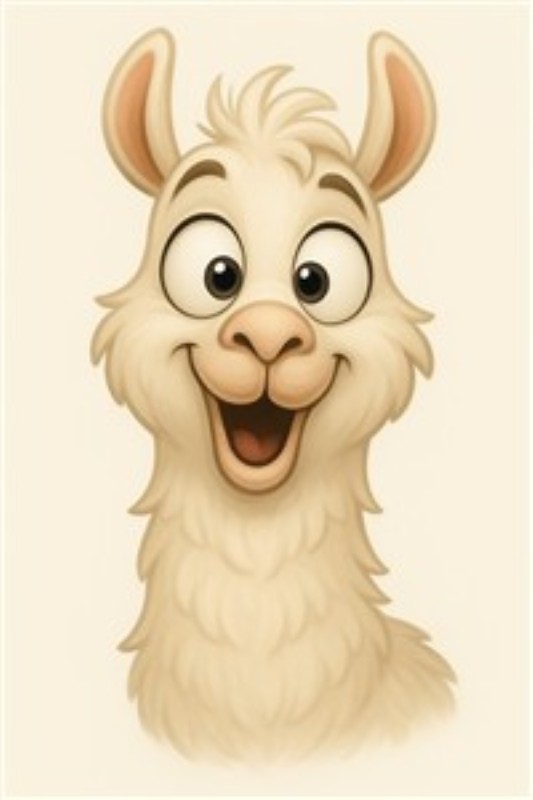 Latterlig Lama med Stort Smil - Denne charmerende lama bringer glæde og smil til ethvert rum. Med sine venlige øjne og livlige udtryk er denne illustration perfekt til børneværelset, hvor den skaber en varm og indbydende atmosfære.