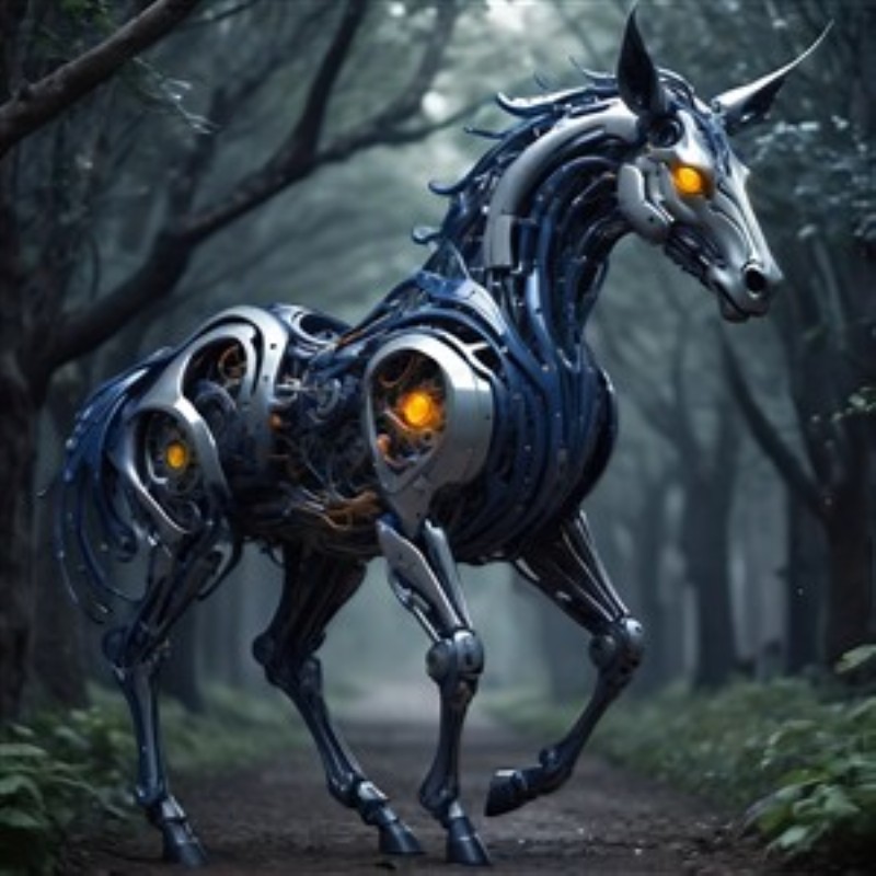 Futuristisk Robot Hest i Magisk Skov - Oplev den imponerende futuristiske robot hest, der med sit glinsende metal og lysende øjne bringer en ny æra til skovens mystik. Denne kunstneriske skabelse tilføjer et strejf af sci-fi til dit hjem og fanger opmærksomheden i ethvert rum.