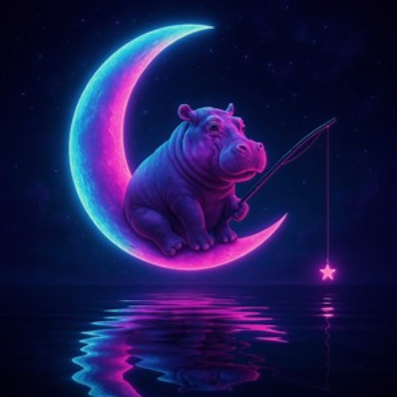 Flodhest på Månestråler - Oplev et magisk univers med en flodhest, der fisker efter stjerner fra sin lune plads på månen. Dette farverige kunstværk bringer glæde og fantasi ind i ethvert rum.