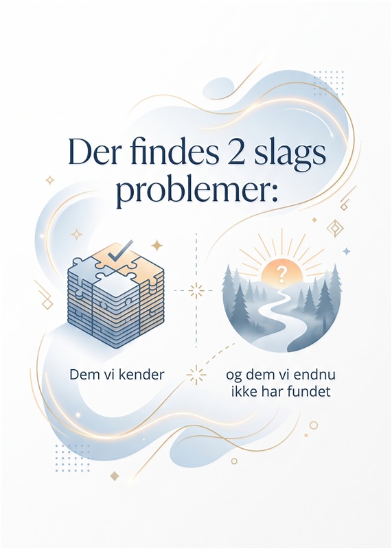 To Slags Problemer: Kender og Ukendte - Udforsk de to slags problemer, vi møder i livet med denne inspirerende plakat. Den motiverer til refleksion og nysgerrighed over de ukendte udfordringer, vi endnu ikke har opdaget.