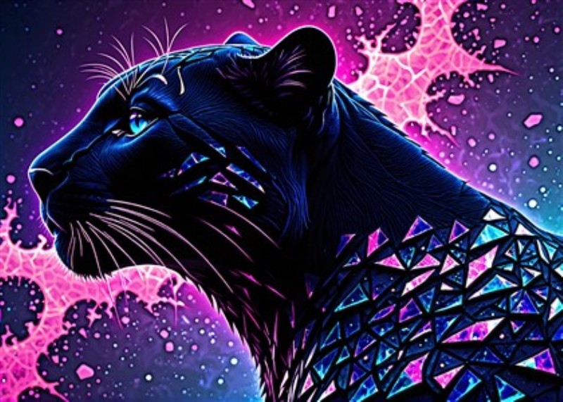 Neon Panther i Galaktisk Stil - Oplev skønheden ved denne futuristiske panther, der stråler i neonfarver og geometriske former. Med sin galaktiske baggrund tilføjer dette digitale kunstværk et unikt og spændende element til ethvert rum.