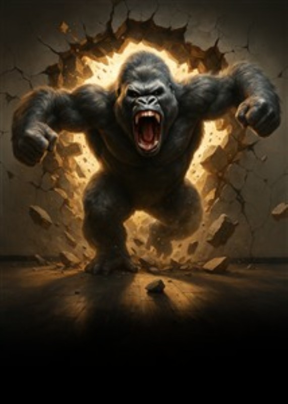 Vild Gorilla, der Bryder Barrierer - Oplev styrken i denne imponerende gorilla, der brager gennem væggen med en kraftfuld attitude. Dette kunstværk tilføjer både dramatik og energi til ethvert rum.