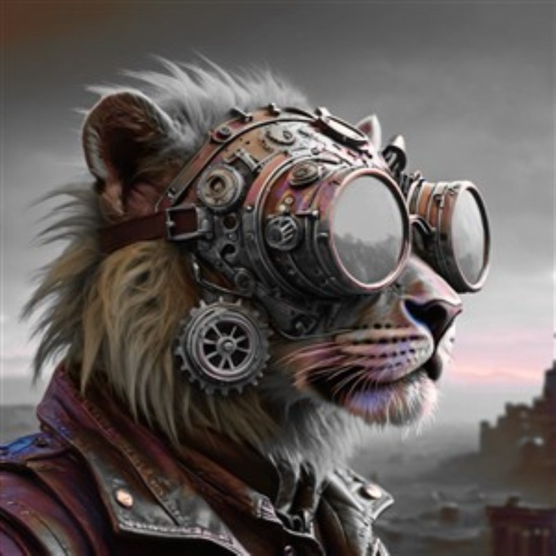 Steampunk Løve i Fantastisk Design - Oplev den unikke skønhed ved en steampunk-inspireret løve, iført detaljeret goggles og jakke. Denne illustration bringer en magisk atmosfære til dit hjem, perfekt til kreative sjæle.