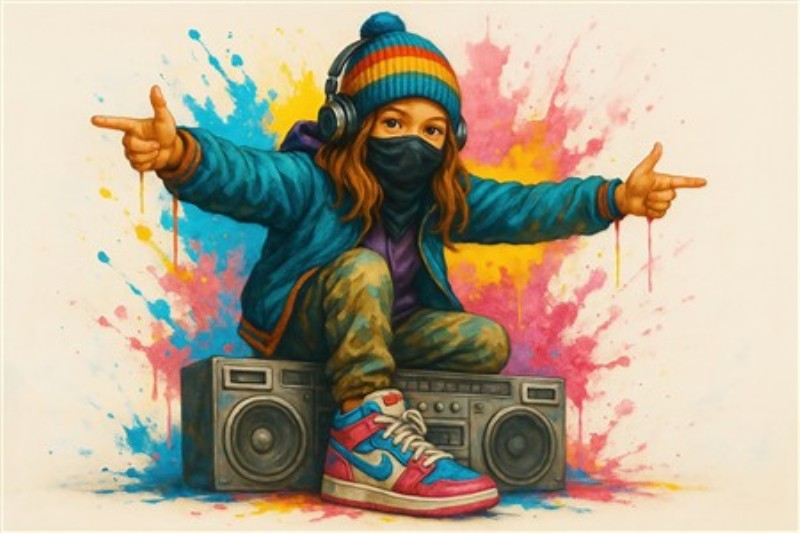 Farverig Hip-Hop Energisk Ungdom - Oplev den unge hip-hop ånd med denne livlige plakat. Et barn sidder cool på en boombox, iklædt farverigt tøj og hovedtelefoner, der oser af energi og kreativitet. Den sprudlende farvepalet bringer liv til ethvert rum.