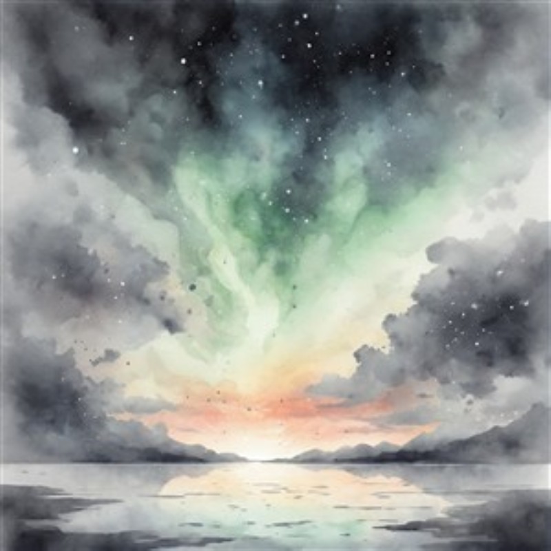 Magiske Nordlys over Horisonten - Oplev skønheden i naturens eget maleri med dette fantastiske akvarelmotiv. Det farverige nordlys, der danser over himlen, bringer en magisk stemning ind i dit rum.